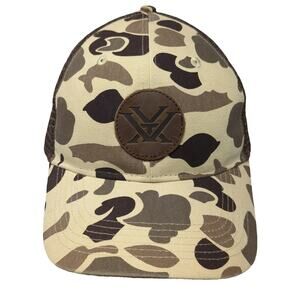 Vortex Trucker Hat Beige One Size Camo Mesh Snapback Leather Logo Patch